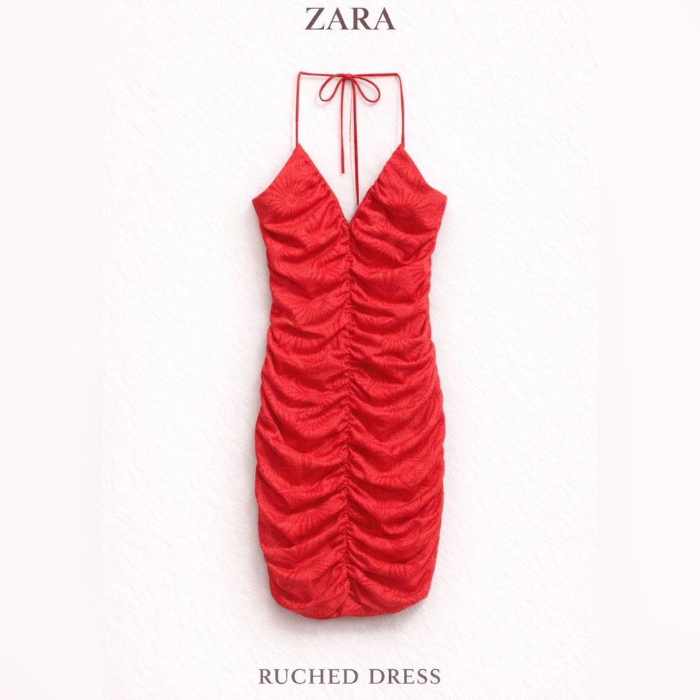 ZARA Red Ruched Bodycon Mini Dress Spaghetti Strap Size M